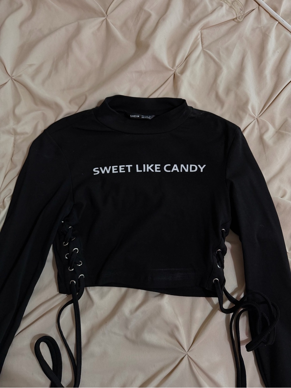 SHEIN Black "SWEET LIKE CANDY" Lace-Up Cropped Top